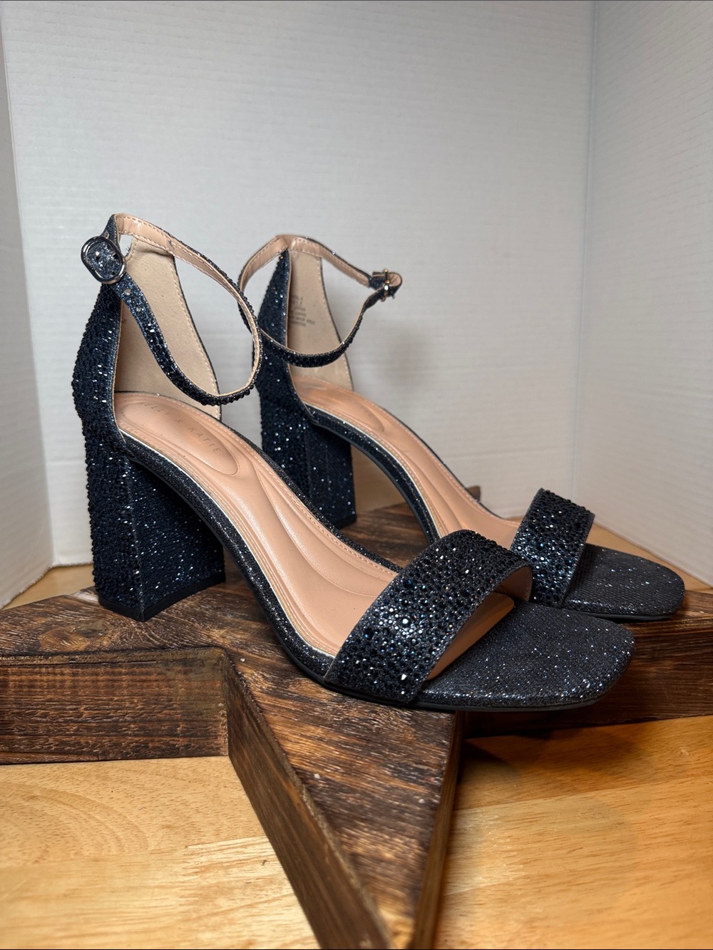 Kelly & Katie Rhinestone Block Heel Sandals Navy Shimmer Women’s 10W